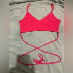 Pink tie in the back crop top